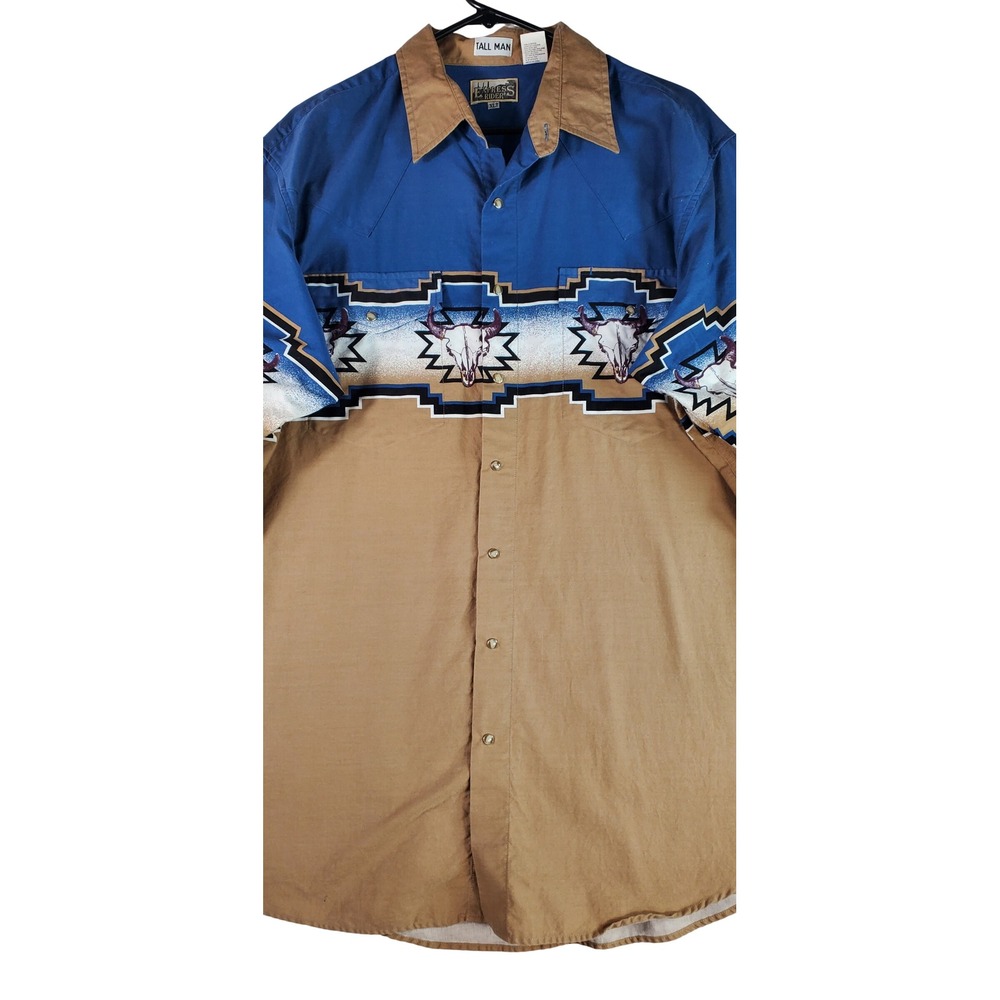 Express Rider Western Pearl Snap Shirt Mens XLT Blue Tan Bull Skull Southwestern